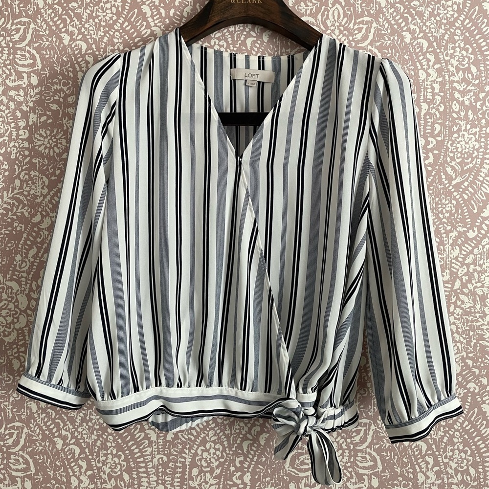 LOFT Navy and White Striped Blouse